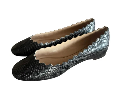 CHLOE Lauren Women's Size 38 Black Leather Snake Scalloped Slip-On Ballet Flats - Image 1 of 4