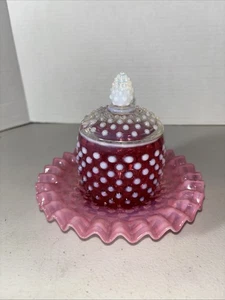 Fenton Cranberry Opalescent Glass Hobnail Jam Set Covered Jar & Plate NO SPOON - Picture 1 of 10