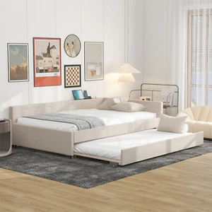 Full Size Daybed Upholstered Bed Frame Sofa Bed with Trundle Bed & USB Ports - Picture 1 of 12