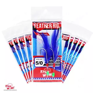 10pks 5/0 Fishing Rockfish Feather Rig 2-hook Rock Cod Fish Bait lure Blue White - Picture 1 of 2