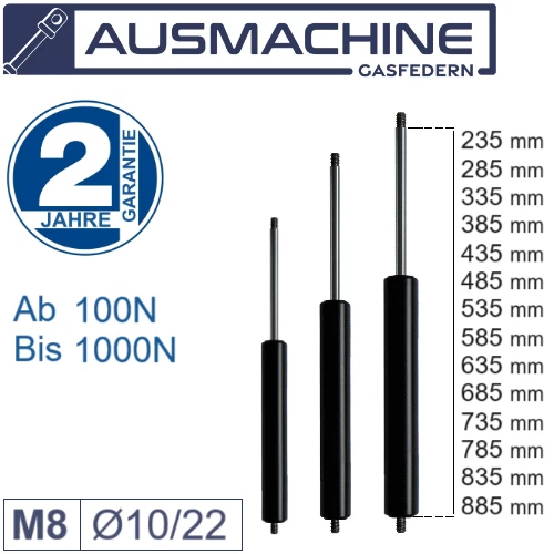 Gasdruckfeder Länge 235mm - 885mm Gasfeder 100N-1000N Universal Gasdruckdämpfer - Bild 1 von 1