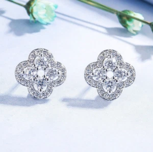 Shiny 925 Sterling Silver CZ Clover Flower Leaf Stud Earrings Women Girl Gift UK - Picture 1 of 9