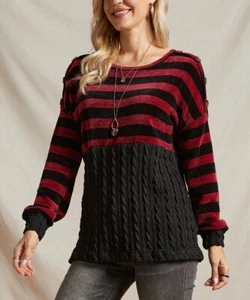 XL Nuevo con etiquetas Para mujeres Suzanne Betro Vino y Negro Cable Tejido Bishop Mangas Escote Prenda para el torso - Imagen 1 de 5
