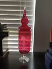 Large Tall Ruby Red Cranberry Etched Glass Pedestal