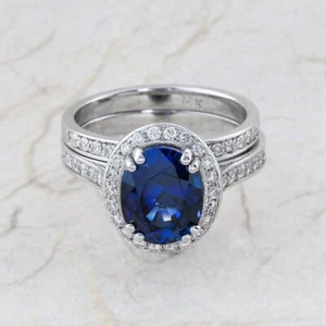 Engagement Ring Set 14K White Gold 3.27Ct Oval Cut Lab-Created Sapphire Size 7.5 - Picture 1 of 4