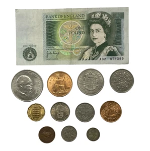 BRITISH PRE DECIMAL COIN SET COLLECTION - CROWN TO FARTHING + ONE POUND NOTE - Picture 1 of 4