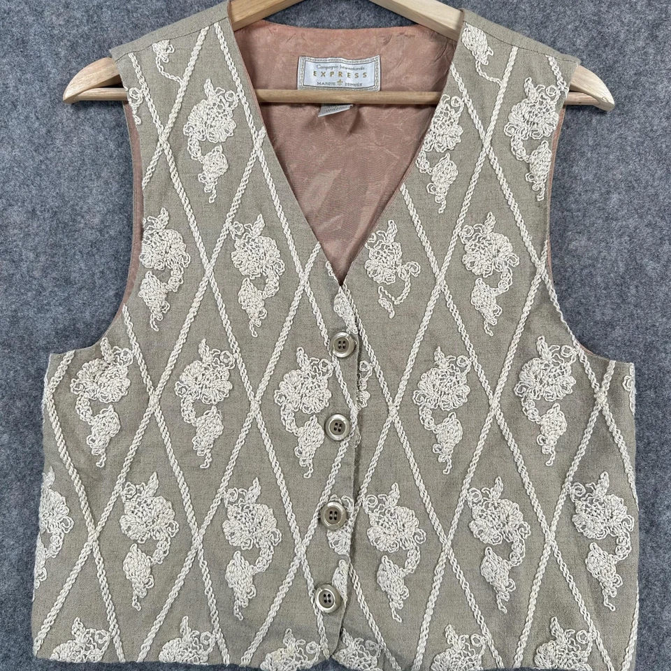 Chaleco Express Vintage Mujer Pequeño Lino Bordado Floral Beige Hecho en EE. UU. Años 90 Foto 1 de 4