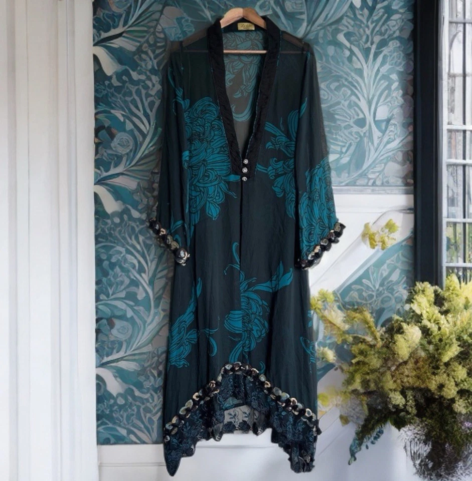 🌿 复古 La Dolce Samira 和服连衣裙 均码 黑色 花卉 刺绣 透明   — 第 1/4 张图片