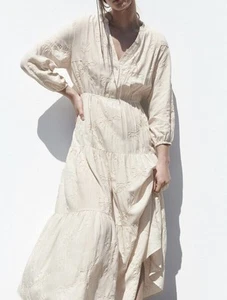 ZARA LINEN Blend EMBROIDERED MIDI Tiered DRESS SIZE L Uk 12 14 bloggers VGC - Picture 1 of 15