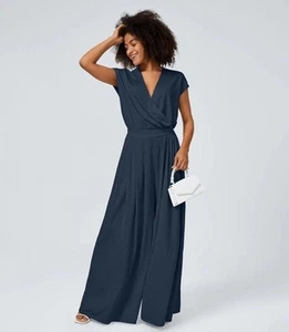 Halara V-Neck Wrap Short Sleeve Side Pocket Wide Leg Flowy Waffle Jumpsuit Small - Picture 1 of 18