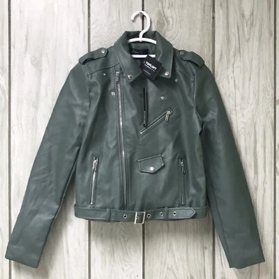 Love Tree Women Green Faux Leather Asymmetrical Zip Cropped Motorcycle Jacket M - Image 1 of 4