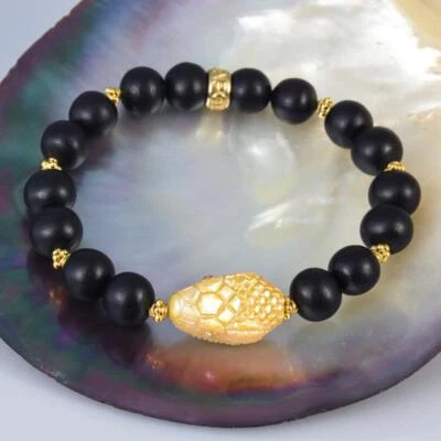7 in Bracelet Ebony Mother-of-Pearl Snake Head Bead & Vermeil Sterling 17.97 g - Image 1 of 4
