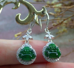 Video Certified Silver 925 Green Burma A Jade jadeite Earring Buddha God 411488 - Picture 1 of 8