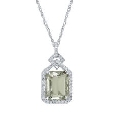 White Gold Genuine Emerald-cut Green Amethyst and 1/4ct Diamond Halo Necklace