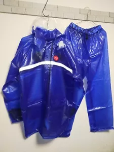 heavy and thick shiny blue PVC vinyl rainsuits set jacket and pants stripes - Picture 1 of 19