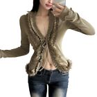 Women Lace-Up Front Cropped Cardigan Ruffle Furry Trim Knit Slim Fit Sweater Top