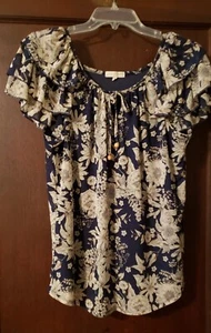 Joie de Vivre Bluse L marine/creme Blumen U-Ausschnitt Schlüsselloch Flatter SS gefüttert - Bild 1 von 8