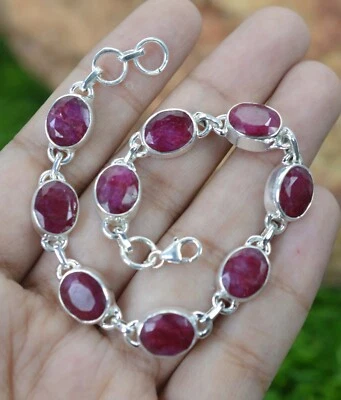 Beautiful Faceted Pink Ruby Oval Gemstone 925 Sterling Silver Handmade Bracelet - Image 1 of 4