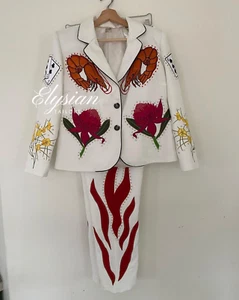 Men Customized White Cotton Shrimps & Snake Embroidered Rhinestone Western Suit - Picture 1 of 8