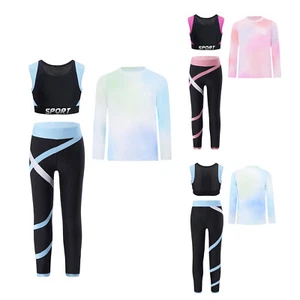 Girls 3Pcs Sports Outfits Crewneck T-shirts Crop Tank Top with Yoga Leggings Set - Picture 1 of 14