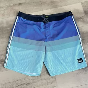 Quiksilver Men’s 38 Board Shorts Surf Swim Trunks Green & Blue Striped 38x8.5” - Picture 1 of 11