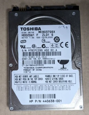 MK8037GSX HARD DRIVE TOSHIBA 80GB SATA 2.5" 5400RPM - Image 1 of 2