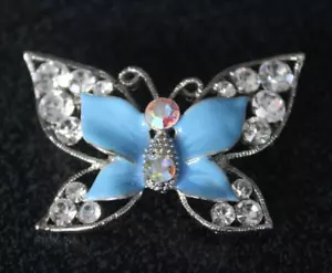 Hermoso Broche Esmalte Azul y Cristal Cuerpo Iridiscente Tono Plateado - Imagen 1 de 5
