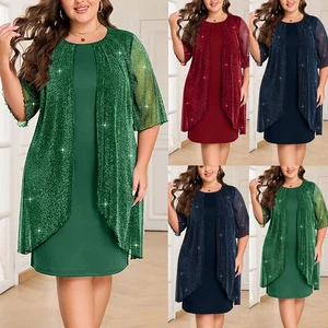 Plus Size Women Mesh Sleeve Glitter Sheer Bodycon Cocktail Party Formal Dress - Picture 1 of 45
