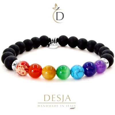 Bracciale 7 Chakra Uomo Donna in Onice Nera Opaca e Pietre Naturali Desja - Immagine 1 di 3