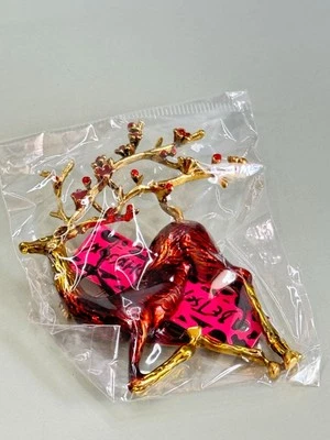 Betsy Johnson Gold & Red Reindeer Brooch Rhinestone Accents In Sealed Packaging - Image 1 of 4