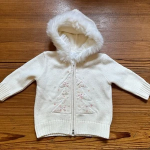 Sarah Louise white faux fur hooded full zip Christmas tree sweater SIZE 12M - Bild 1 von 3