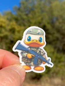 2" Duck Hunter, Rubber Ducky wearing camouflage with a rifle, Duck Jeep, Sticker - Picture 1 of 6