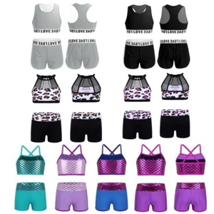 Kids Girls Athletic Outfits Ballet Dance Workout Suit Yoga Practice Dancewear - Picture 1 of 59