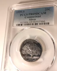 SILVER QUARTER, 1999-S, PCGS SLABBED, CONNECTICUT, PROOF 69 DCAM, NEARLY PERFECT - Picture 1 of 2