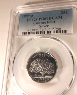 SILVER QUARTER, 1999-S, PCGS SLABBED, CONNECTICUT, PROOF 69 DCAM, NEARLY PERFECT - Image 1 of 2
