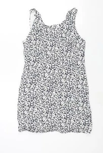 Zara Womens Blue Floral Cotton Mini Size L Boat Neck Zip - Open Back Frill - Picture 1 of 10