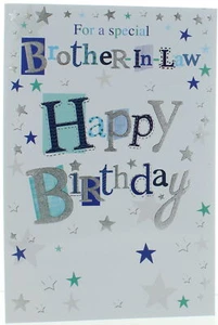 Brother-in-Law Birthday Card - Blue and Green Writing Stars and Silver Foil 9x6" - Picture 1 of 1