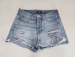 7 For All Mankind Monroe Cut Off Denim Shorts Size 25 Blue Distressed Button Fly - Picture 1 of 14
