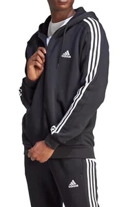 adidas mens Essentials Fleece 3-stripes Full-zip Hoodie Black Sz Small NEW - Picture 1 of 4