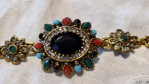SANTE FE TURQUOISE STATEMENT BRACELET 8" BLACK SPINEL ANTIQUE GOLD NWOT - Picture 1 of 3