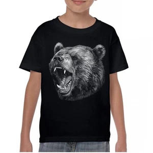 Roaring Grizzly Bear Youth T-shirt Animal Fierce Nature Wildlife Forest Kids - Picture 1 of 8