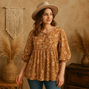 Blusa Campesina Natural Life Marrón Floral XS Boho Cottagecore Manga Abullonada - Imagen 1 de 12