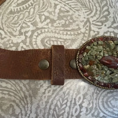 VINTAGE Ladies Glass Beaded Stretch Belt With Wood Buckle Elastic Boho Hippie - Image 1 of 4