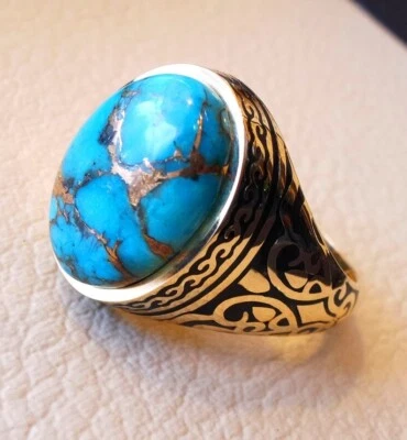 Solid 925 Sterling Silver Natural Blue Copper Turquoise Gemstone Men's Gift Ring - Image 1 of 4