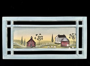 Pastoralszene handgemalt Acryl Gemälde Haus, Scheune, Kirche mit Bäumen & Schafen - Bild 1 von 5