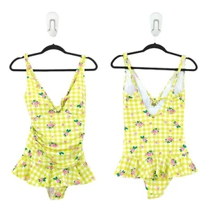 Betsey Johnson Women M Skirted Swimsuit Green White Gingham Plaid Floral 1 Piece - Picture 1 of 11