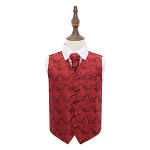 DQT Floral Paisley Black & Red Boys Wedding Waistcoat & Cravat Set - Picture 1 of 4