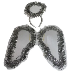 Kids Size White and Silver Tinsel Angel Wings and Halo Fairy Halloween Costume - Picture 1 of 7