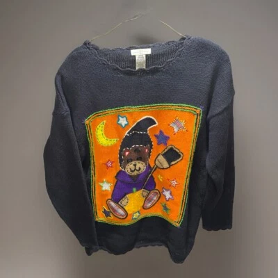 Yarn Works Embroidered Halloween Sweater Teddy Bear Witch Button Eyes Women’s L - Image 1 of 4