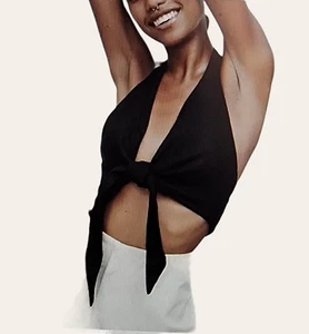NEU Zara großes schwarzes europäisches Leinen Neckholder vorne zum Binden bauchfreies Oberteil neu mit Etikett Strand T09 - Bild 1 von 5